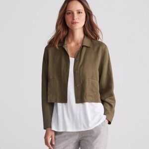 Eileen Fisher Linen Blend Cropped Lightweight Jacket Olive Green Size Medium
